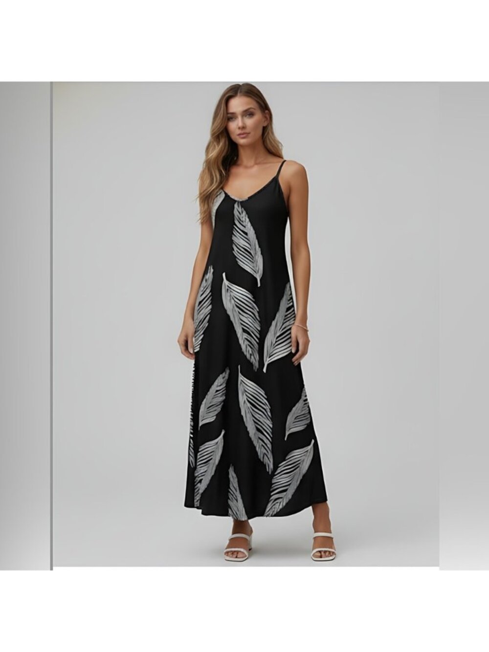 Boho Leaf Print Sleeveless Maxi Dress Black